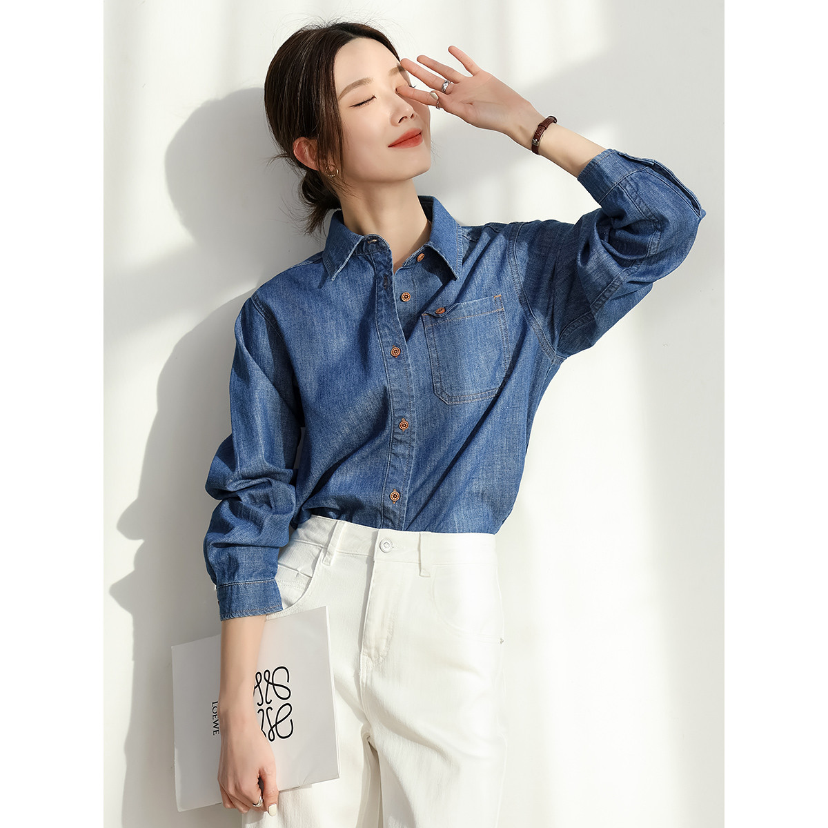 茵曼2025全季新款女衬衫衬衣牛仔长袖棉麻休闲针织通勤复古纯色