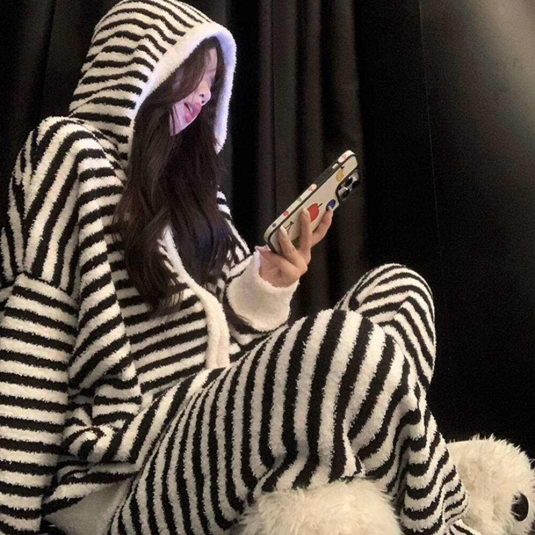 半边绒家居服冬季加绒+松紧腰保暖休闲裤睡衣套装