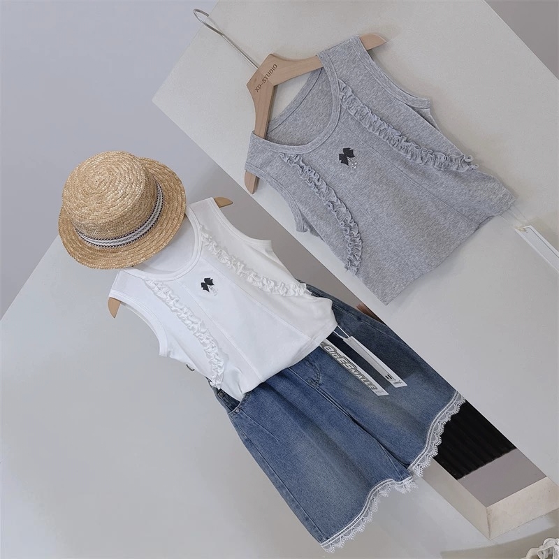 【断码清货】2025夏蝴蝶结珠珠木耳边无袖背心(92%棉) D389 389 P