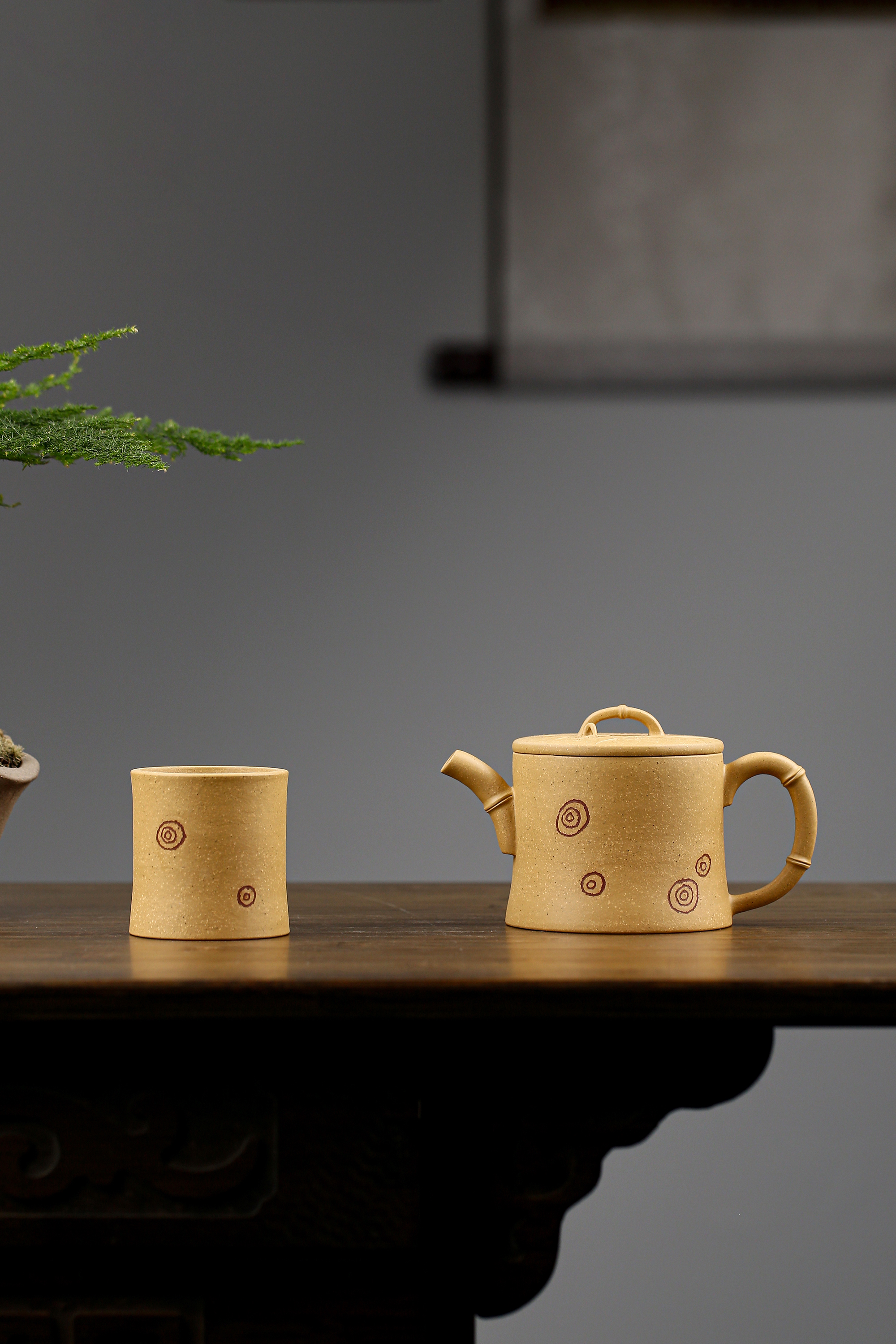 【斑竹组壶】国•工本人全手工制作，原矿本山绿，容量180cc