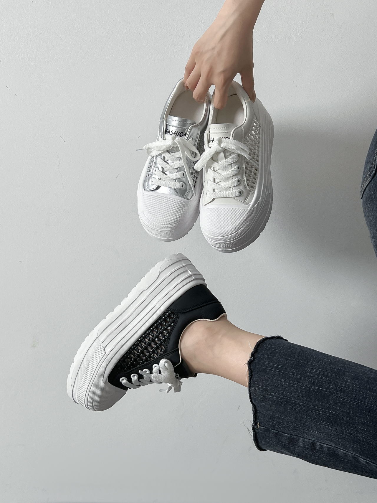 银色厚底镂空板鞋女手工编织渔夫鞋夏天透气不闷脚透气休闲小白鞋