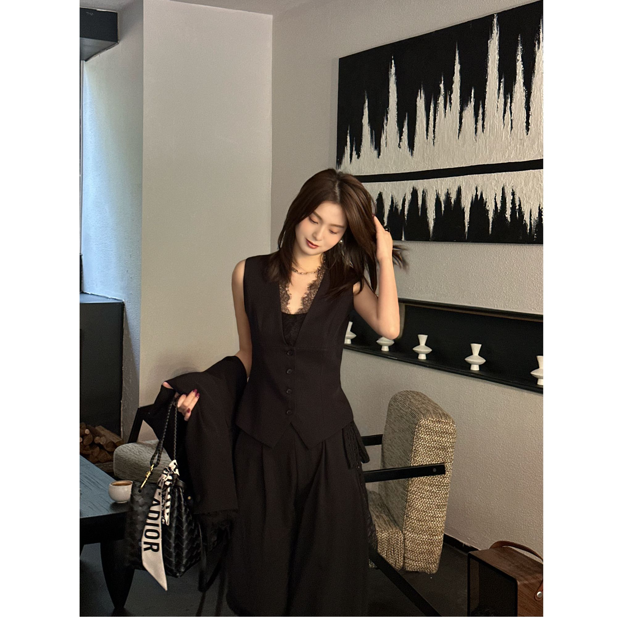 J112237F西装INS风老钱风+拼接马甲背心套装