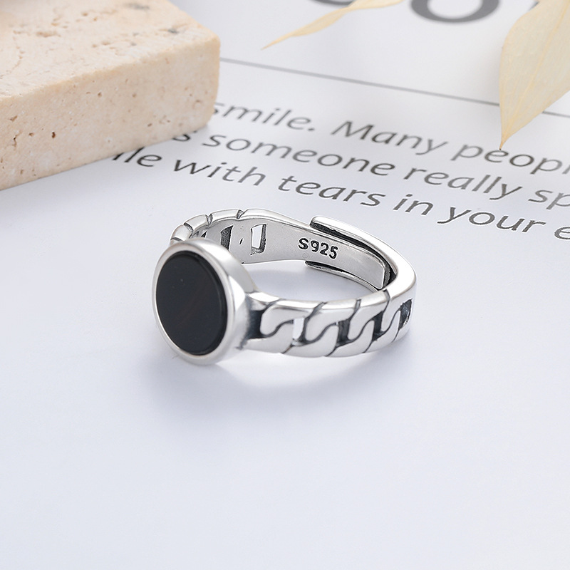  S925通体银时尚韩式黑玛瑙几何镂空链条潮流戒指