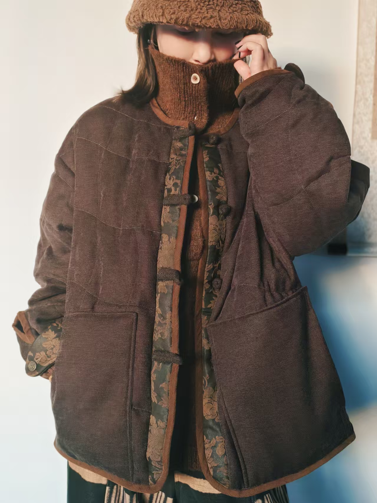 素朴布衣衣诗里原创Y1177冬复古新中式拼接羽绒服充绒110g