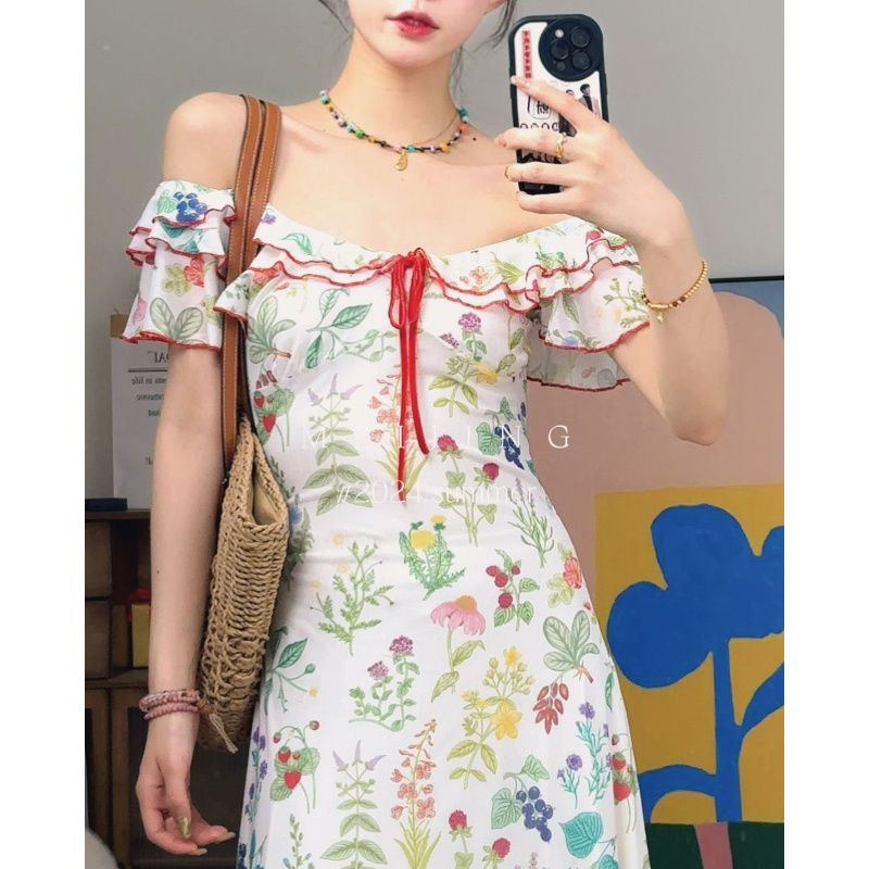 美静弹力短款网纱甜美连衣裙印花泡泡袖碎花夏季裙子XMZH2960（清）