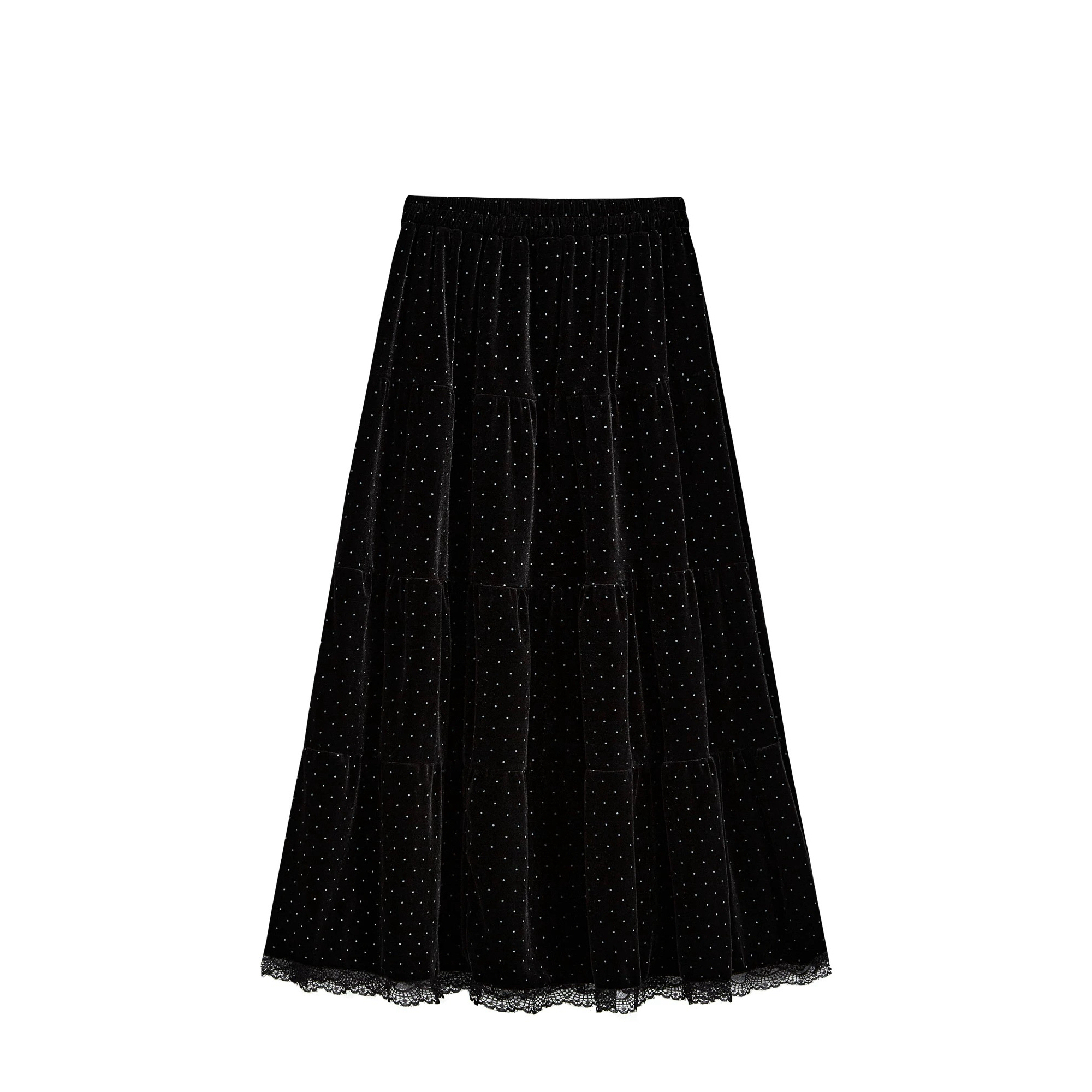 6601丝绒蕾丝边波点半身裙