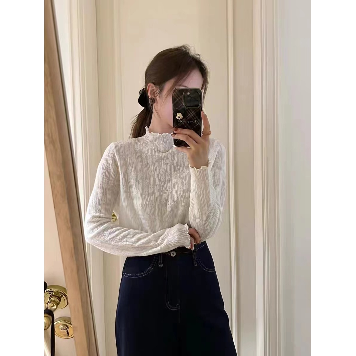 HMY5091805 2025新款温柔甜美轻薄提花木耳领打底衫