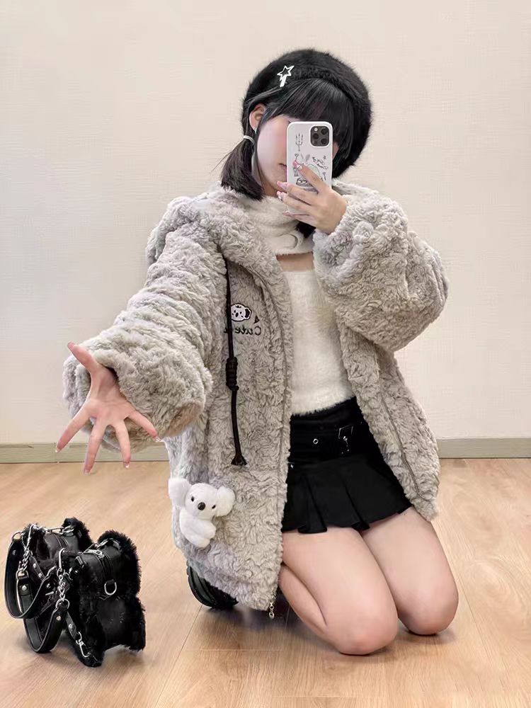 【可昕】2025冬季连帽韩版毛绒保暖百搭毛毛外套