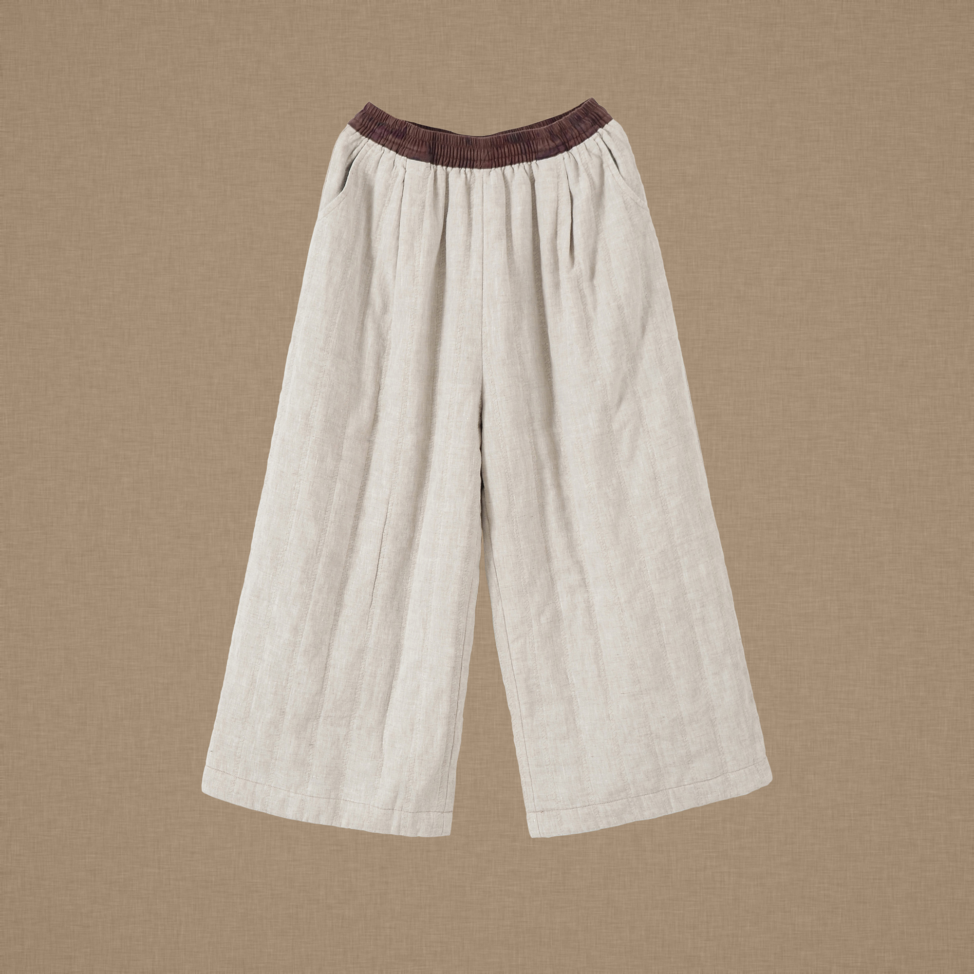 【以之】设计师品牌原创宽松亚麻松紧腰直筒裤撞色绗棉保暖百搭棉裤