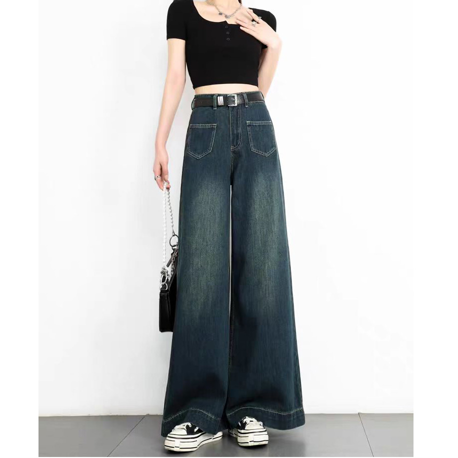 悦（二楼）禄  断码微瑕疵蓝色牛仔裤女阔腿牛仔显高腰弹力穿搭显瘦