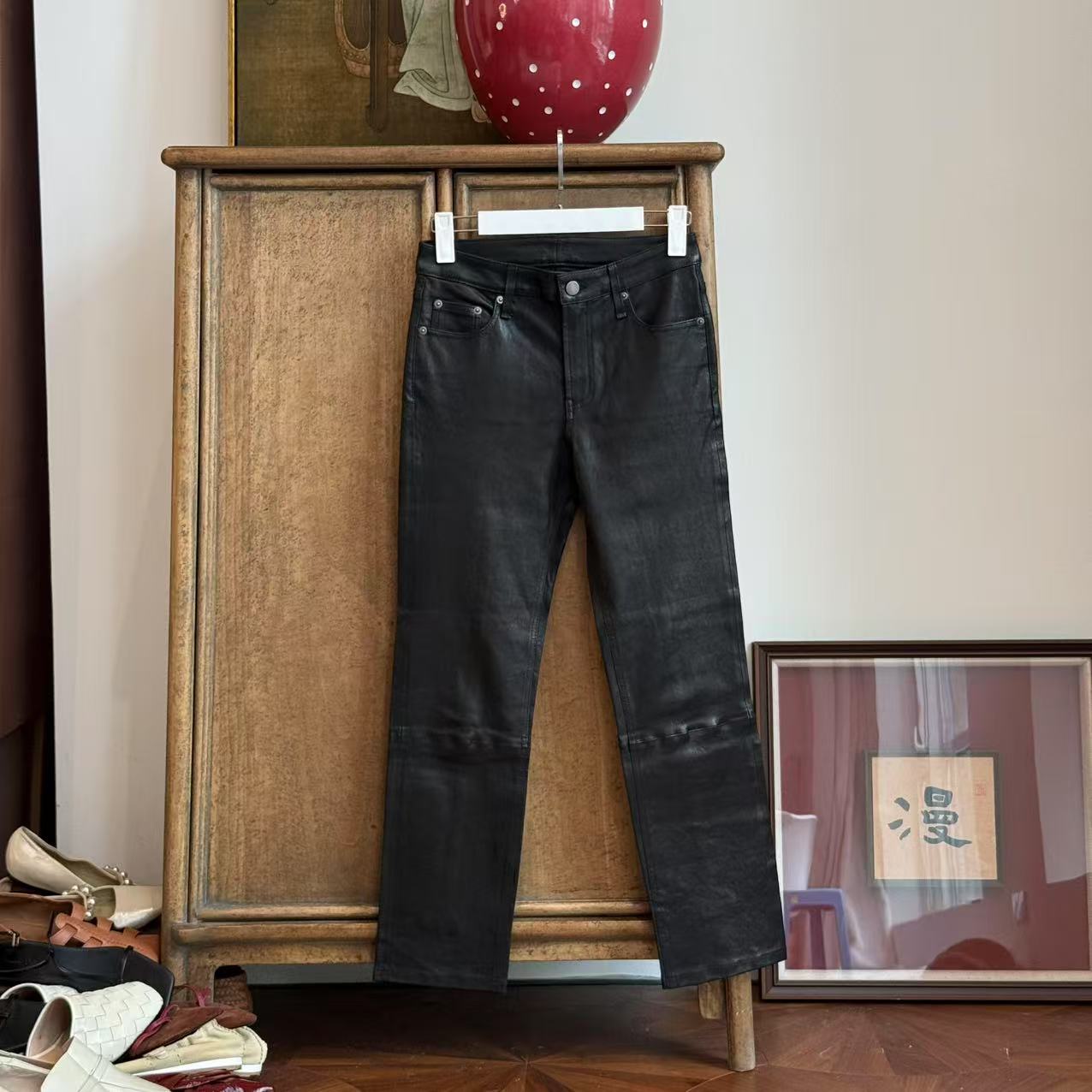 MYL 2025新款羊皮小脚皮裤百搭休闲直筒黑色显瘦长裤