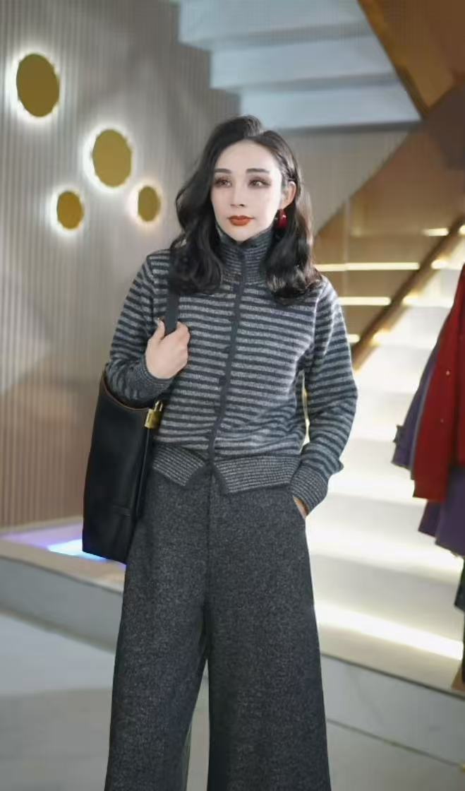 冬季保暖时尚气质百搭高领条纹女士开衫加厚毛衣W2+298580