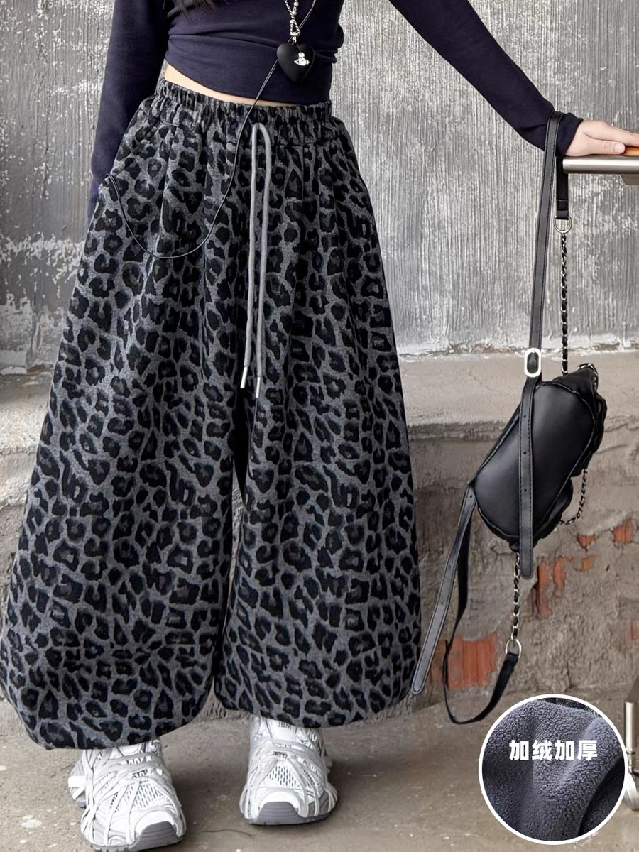女童加绒哈伦裤2025新款潮酷豹纹阔腿中大童炸街保暖百搭洋气潮