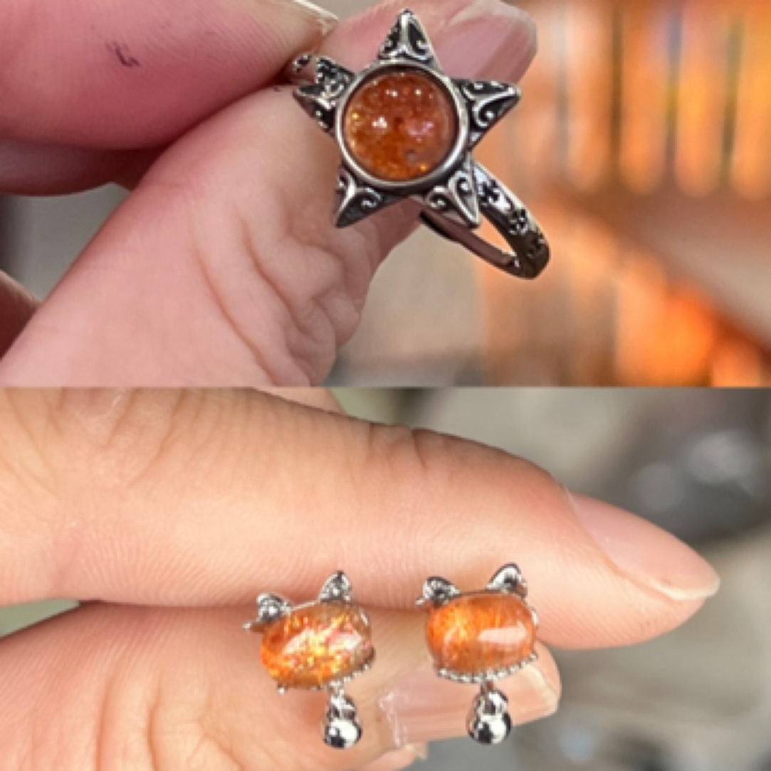 925银银制品 金太阳小猫耳钉戒指复古印度风时尚01镶嵌首饰精美