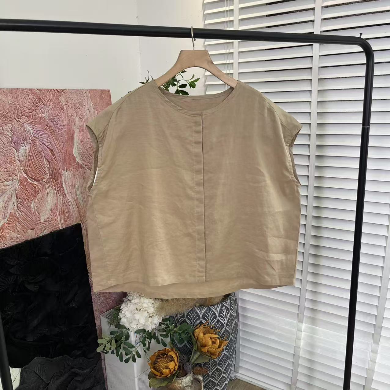 夏日宽松百搭「水洗麻料单排扣」无袖衬衫女E5955