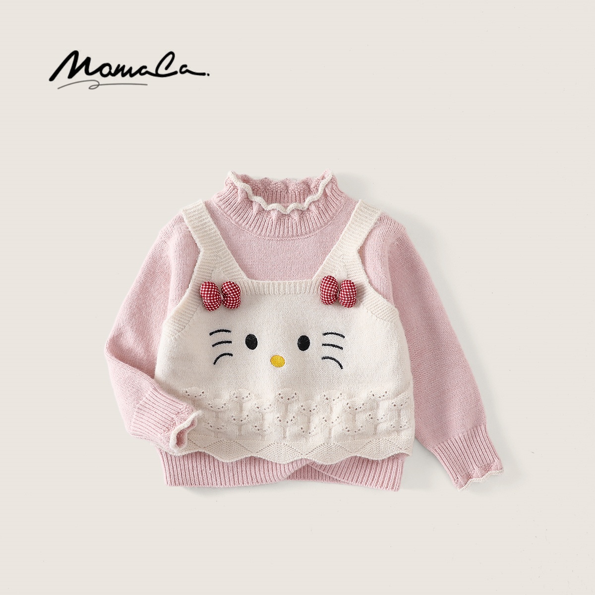 MOMOCO2025新款秋冬女宝可爱小猫咪假两件百搭毛衣77830127002