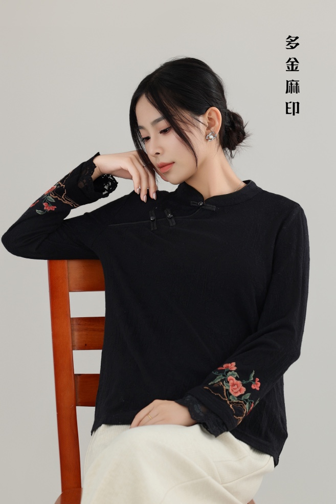 多金女夏秋装季国风中式上衣长袖内早春薄款提花缎面衬衫中式绣花