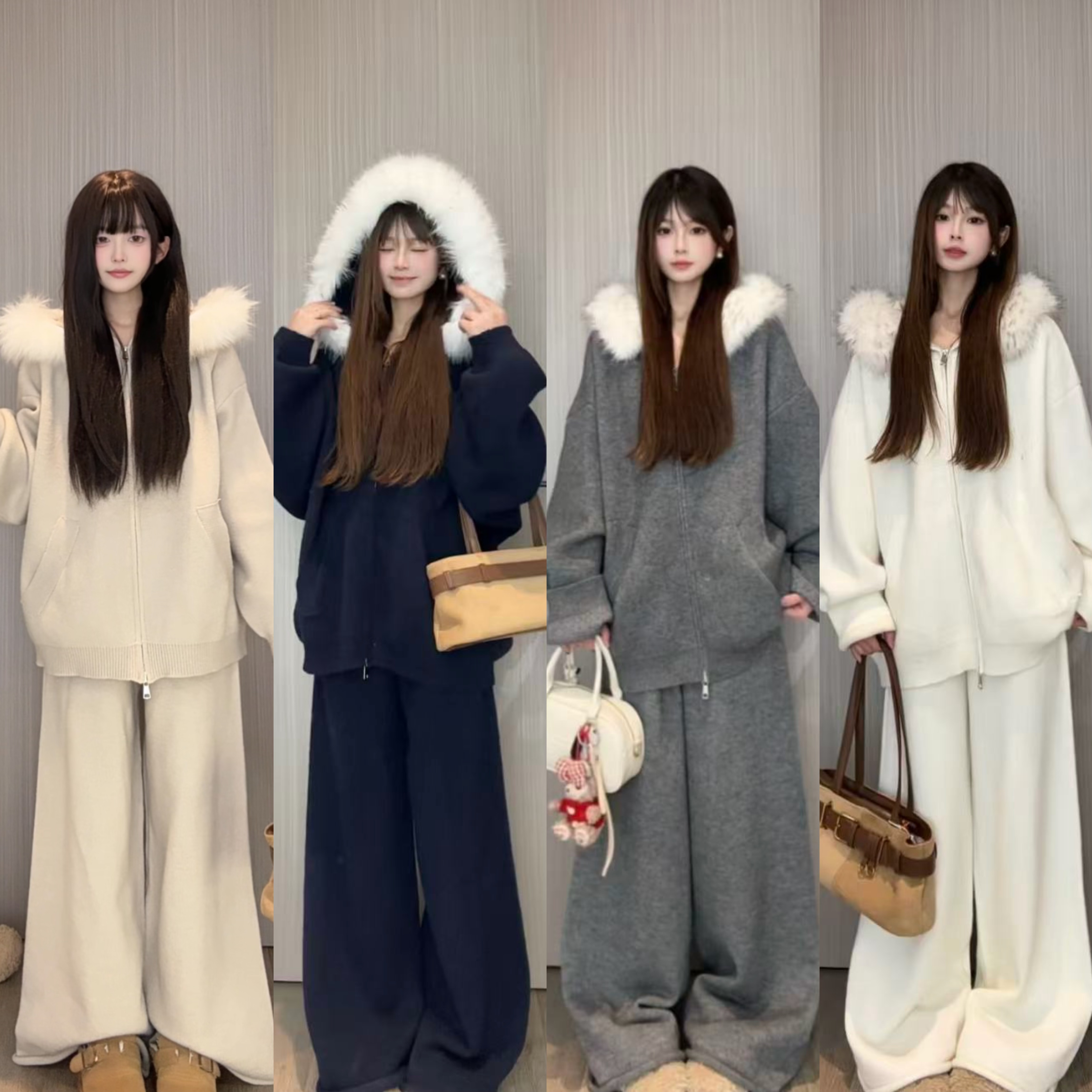 【羊毛套装+运费险】毛领拉链口袋新款毛衣女装裤子套装时尚经典