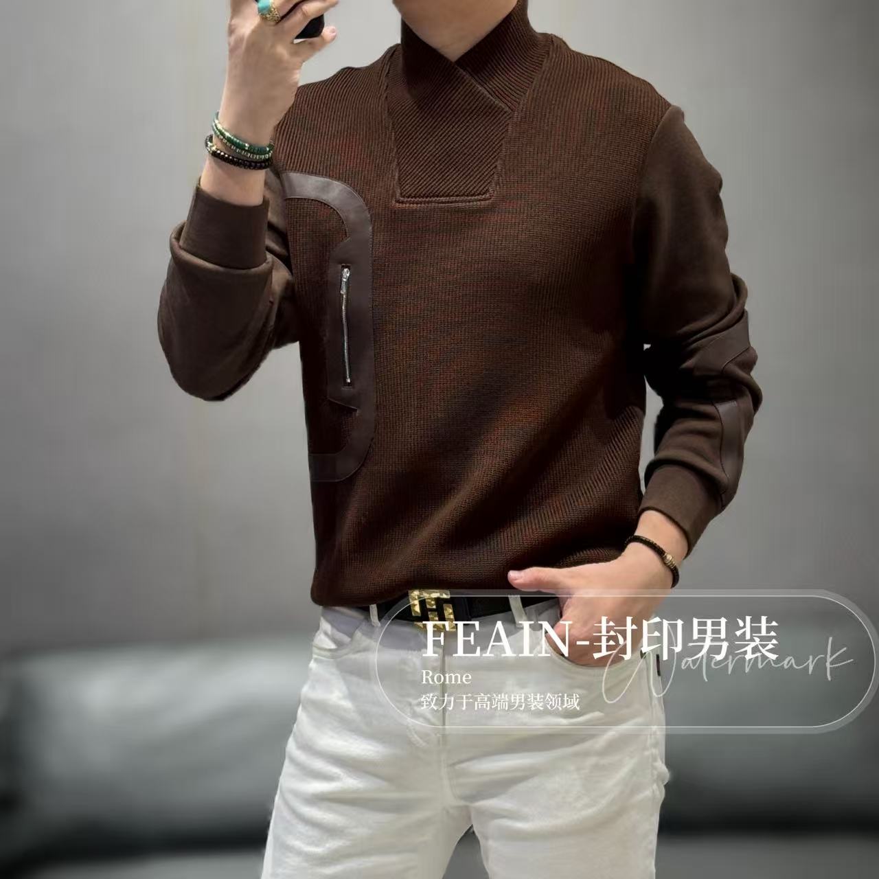 高端定制男士马鞍领设计手工拼皮加绒卫衣9195