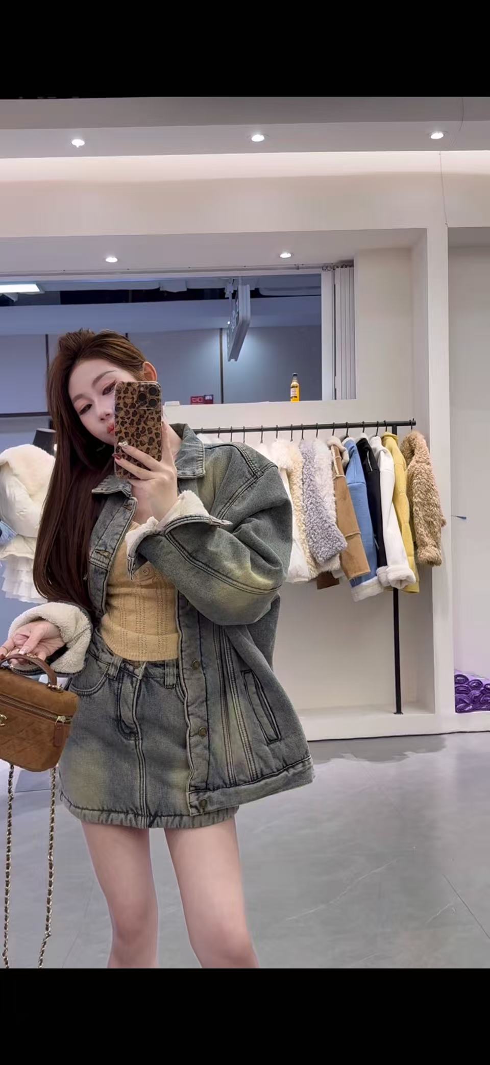 悠悠 复古水洗加绒牛仔外套+显瘦牛仔裙两件套装