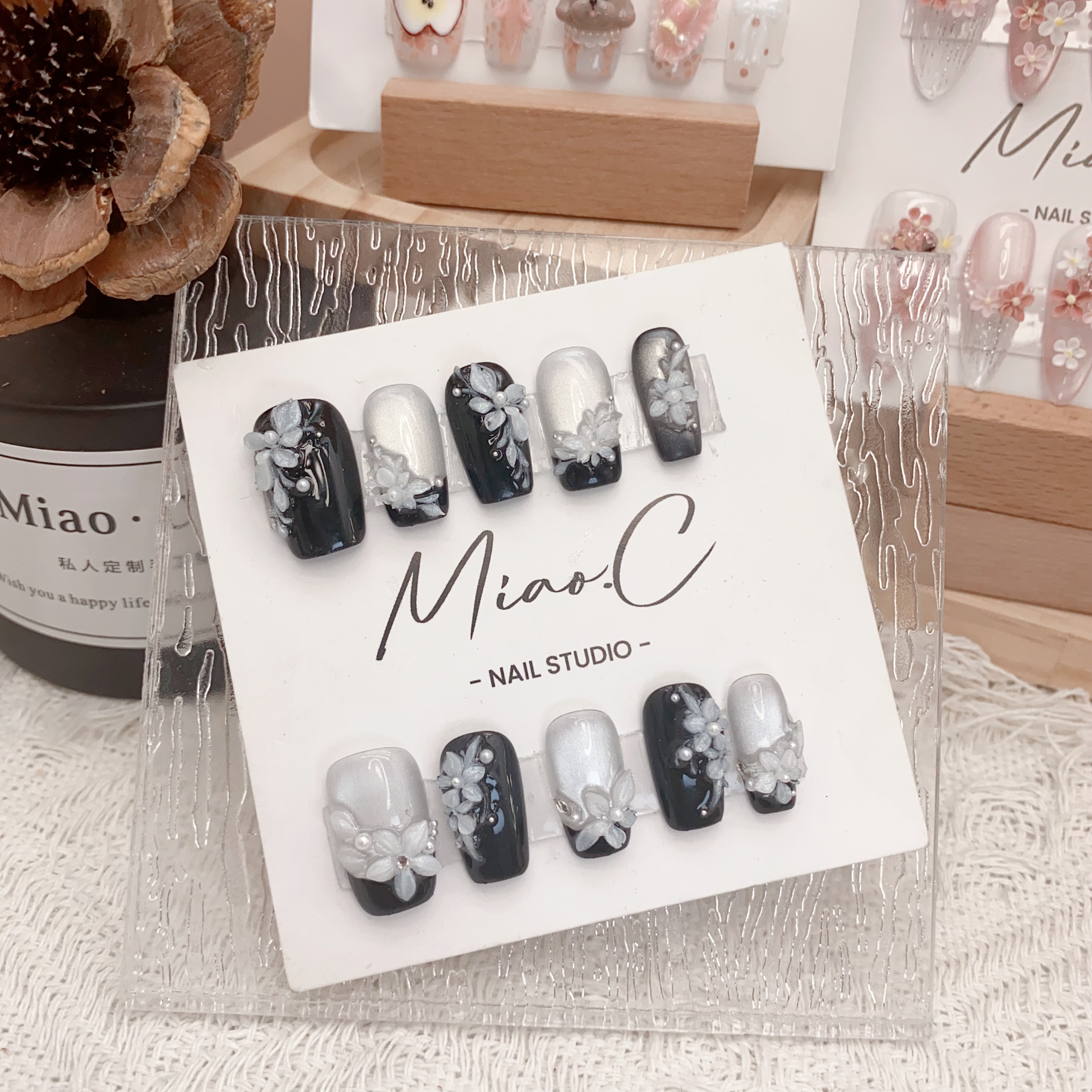 【遇见】Miao.C指尖艺术 高端奢华黑色法式猫眼纯手工雕花穿戴甲