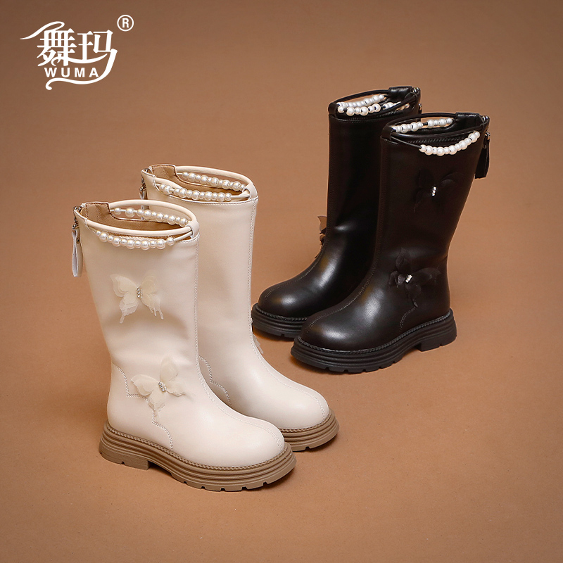 舞玛女童鞋子儿童高筒靴2025新款冬季加绒蝴蝶结二棉长筒靴547158
