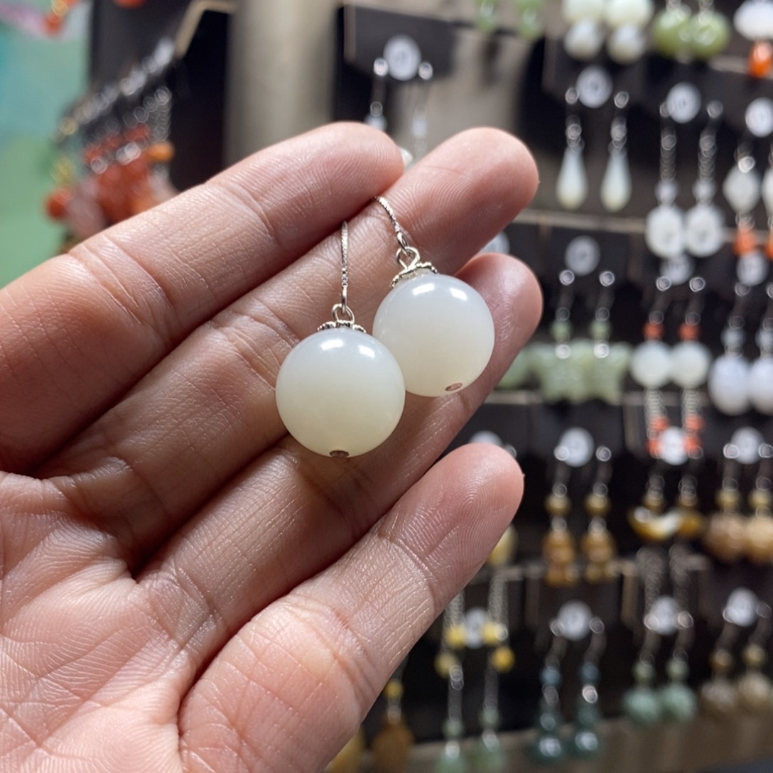 和田玉耳饰银S925镶嵌女****9