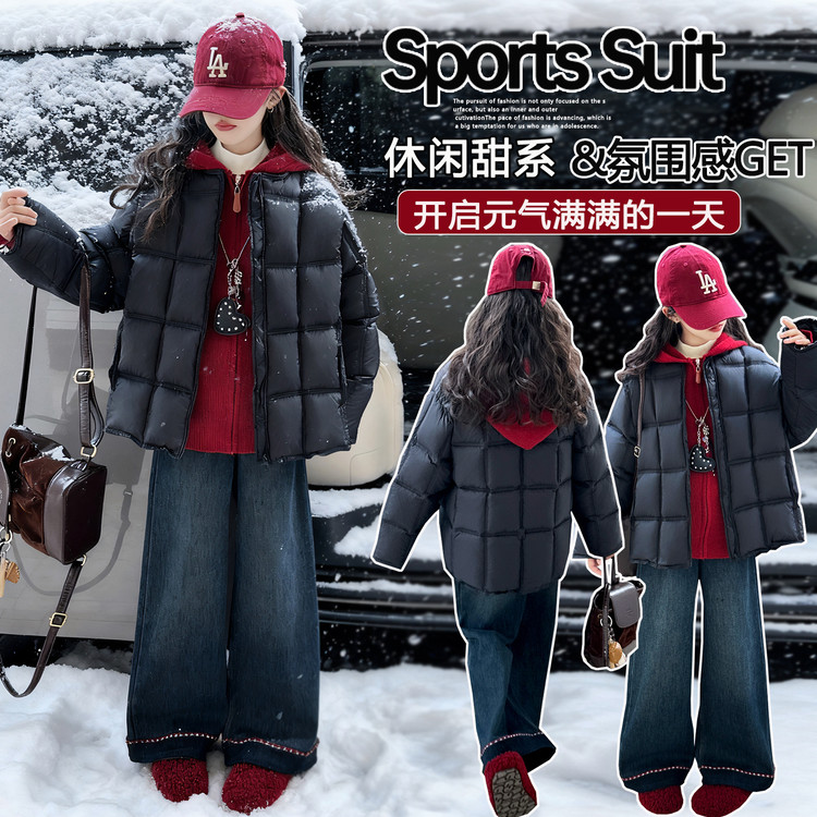 女童泡芙格连帽百搭棉服时尚中大童休闲韩版短款加厚保暖外套