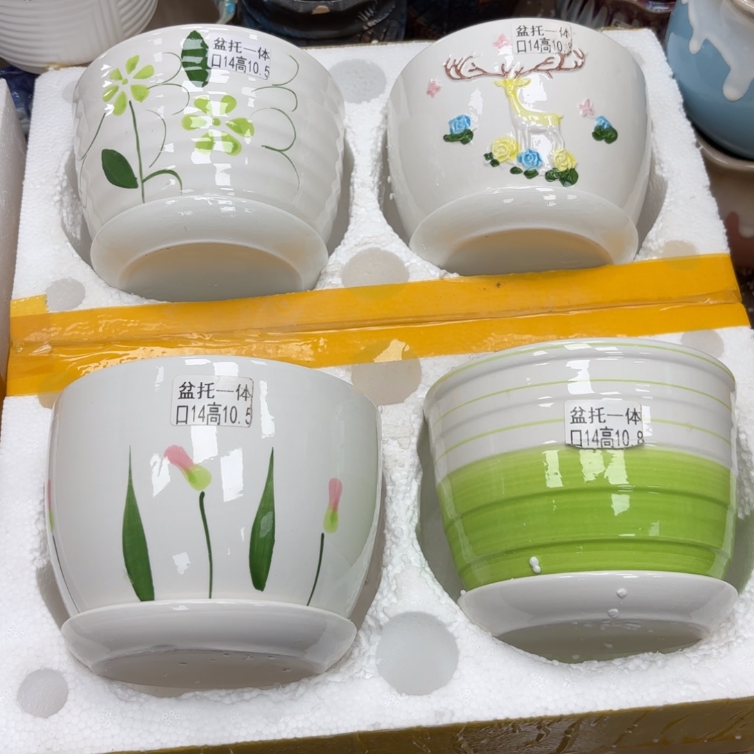 @夏西陶瓷花盆@@四个手绘