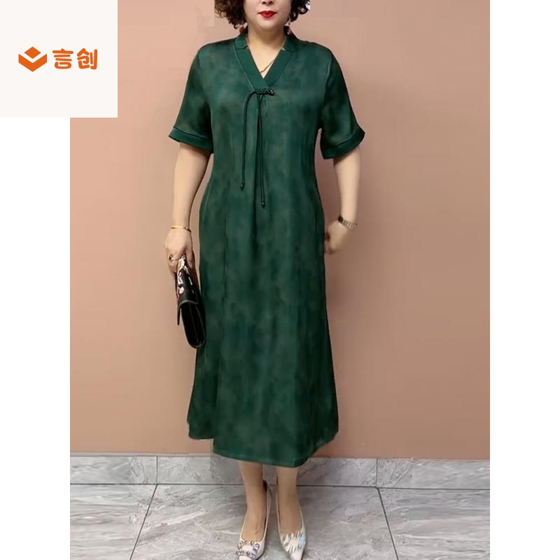 423短袖v领新中式妈妈改良旗袍裙子高端复古大码宽松遮肚连衣裙