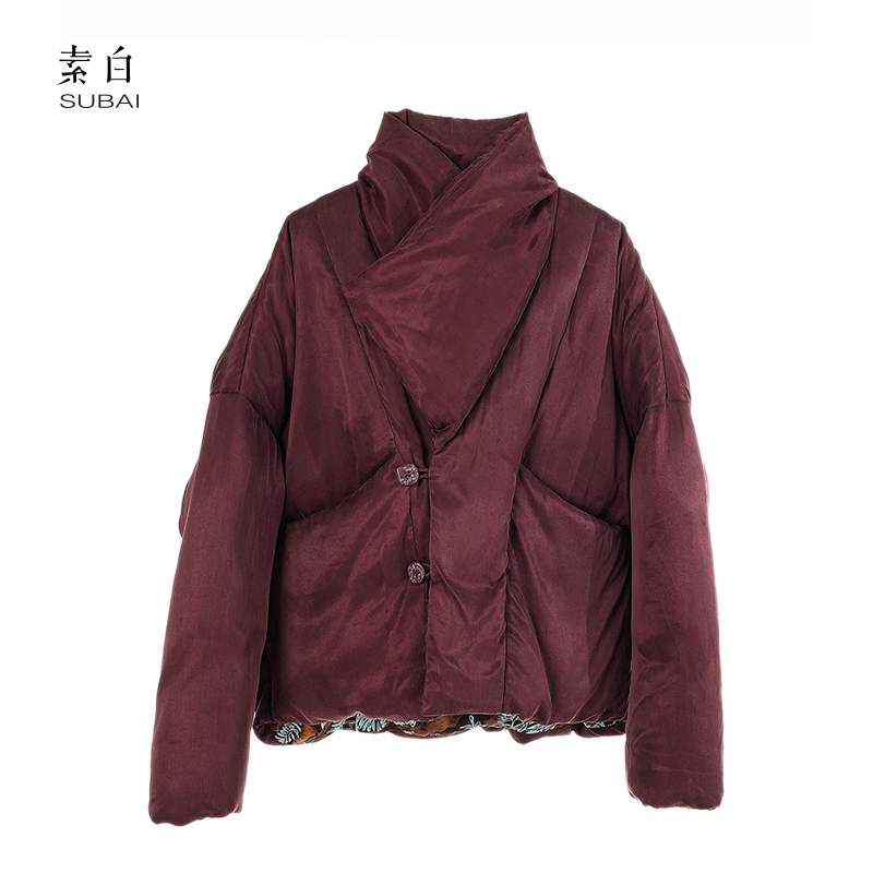 素白加厚保暖【轻暖】R01823老钱风大翻领茧型铜氨丝羽绒服
