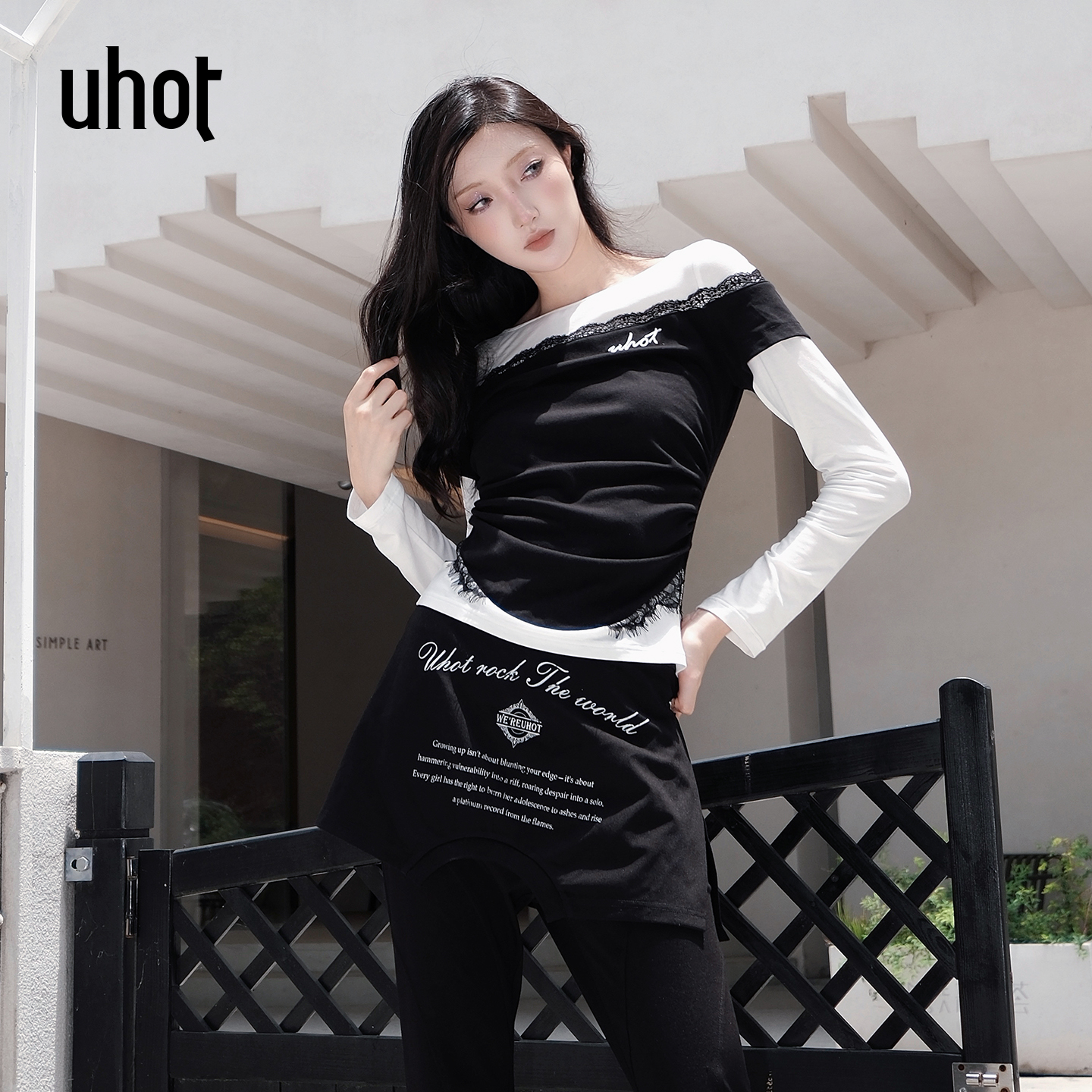 UHOT/诱货黑白假两件长袖上衣T恤拼接蕾丝花边性感优雅UWWA1N614M