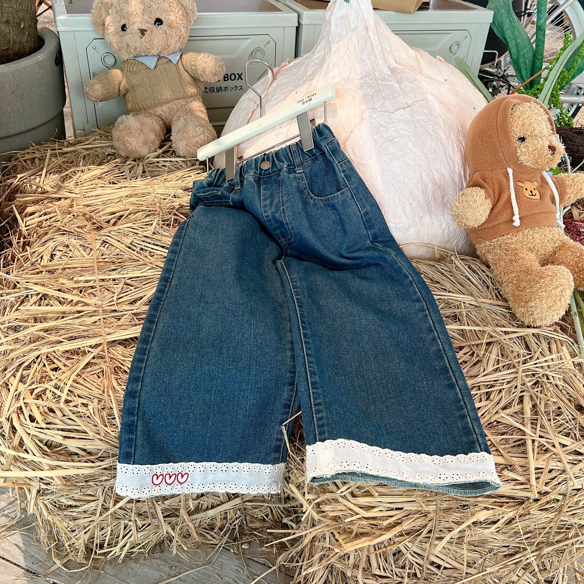 女童A类春秋季牛仔裤新款儿童洋气长裤花边裤子阔腿直筒裤25940