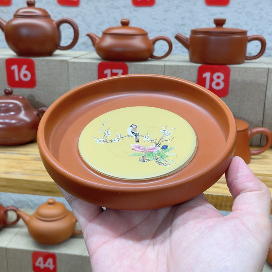 茶壶紫砂花鸟壶承，直径13厘米