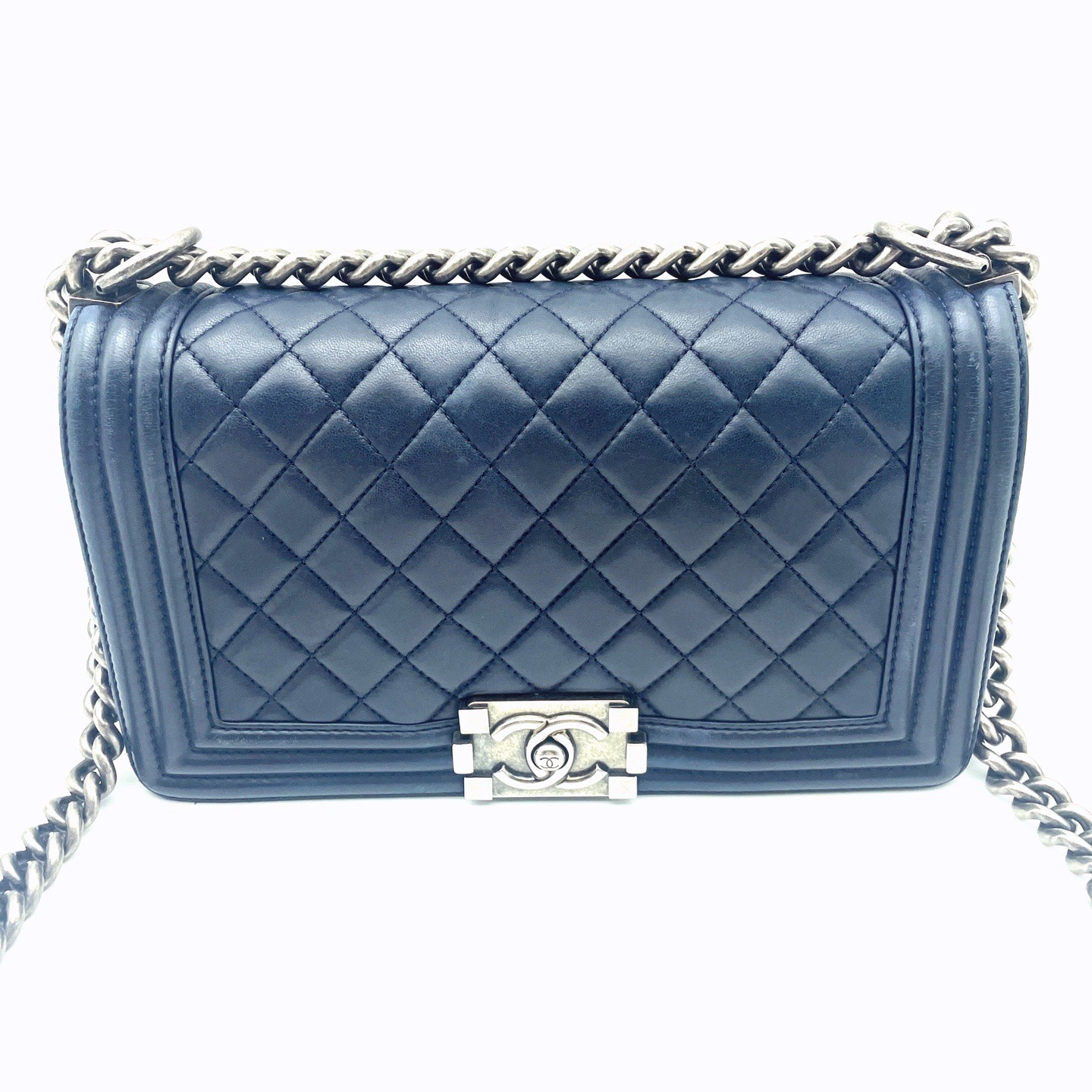 99新 Chanel/香奈儿 海军蓝银扣leboy链条包中号18开牛皮