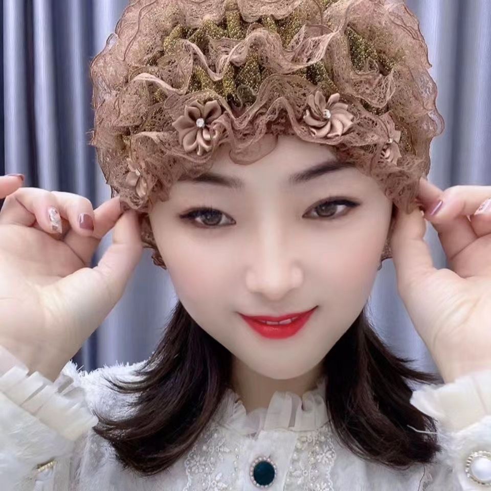 四季款小花朵包头帽遮白发帽蕾丝帽时尚居家小帽骑车防风帽光头帽