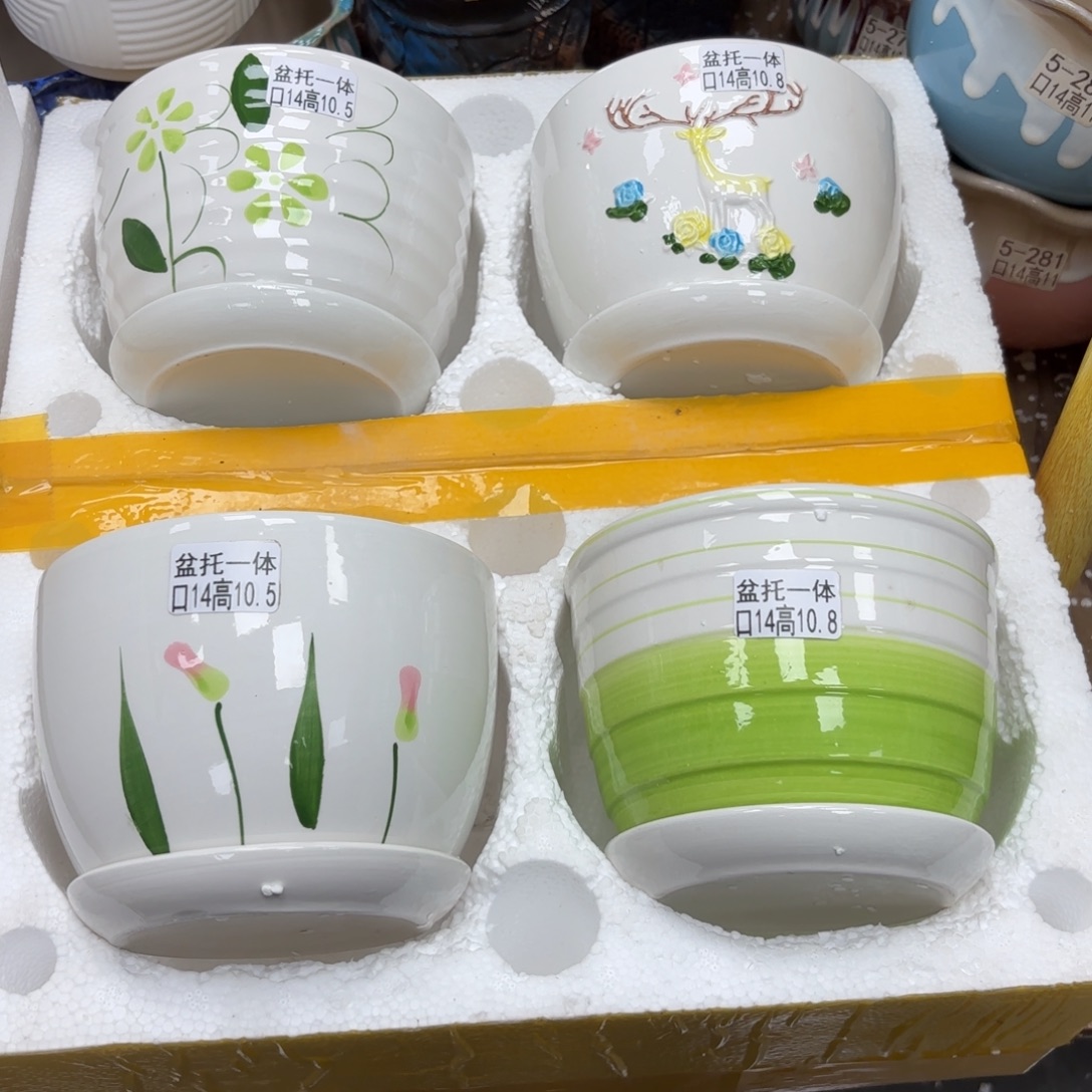 @夏西陶瓷花盆@@四个手绘