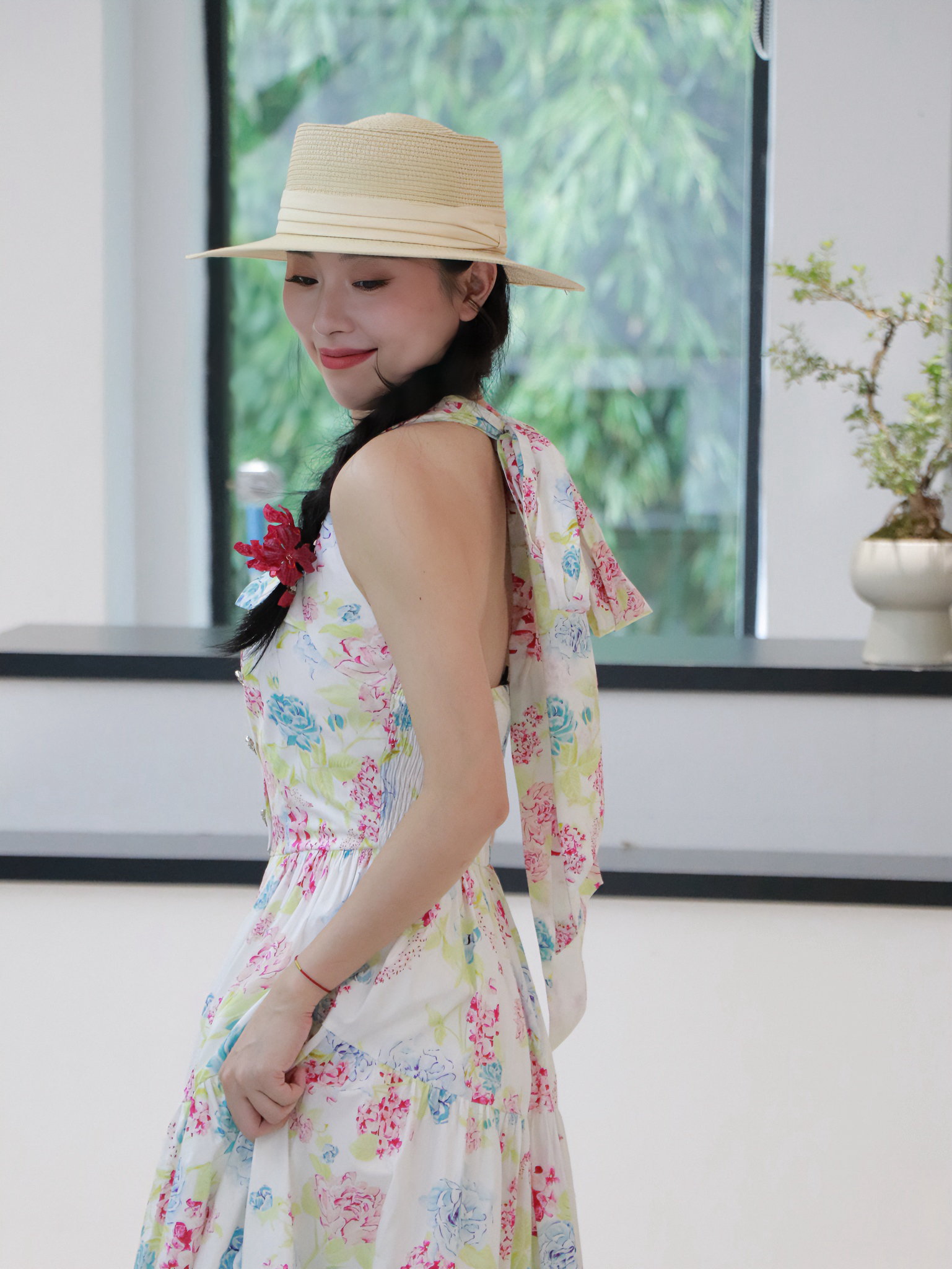 洋气复古花卉印花挂脖吊带裙海边度假仙女风长裙