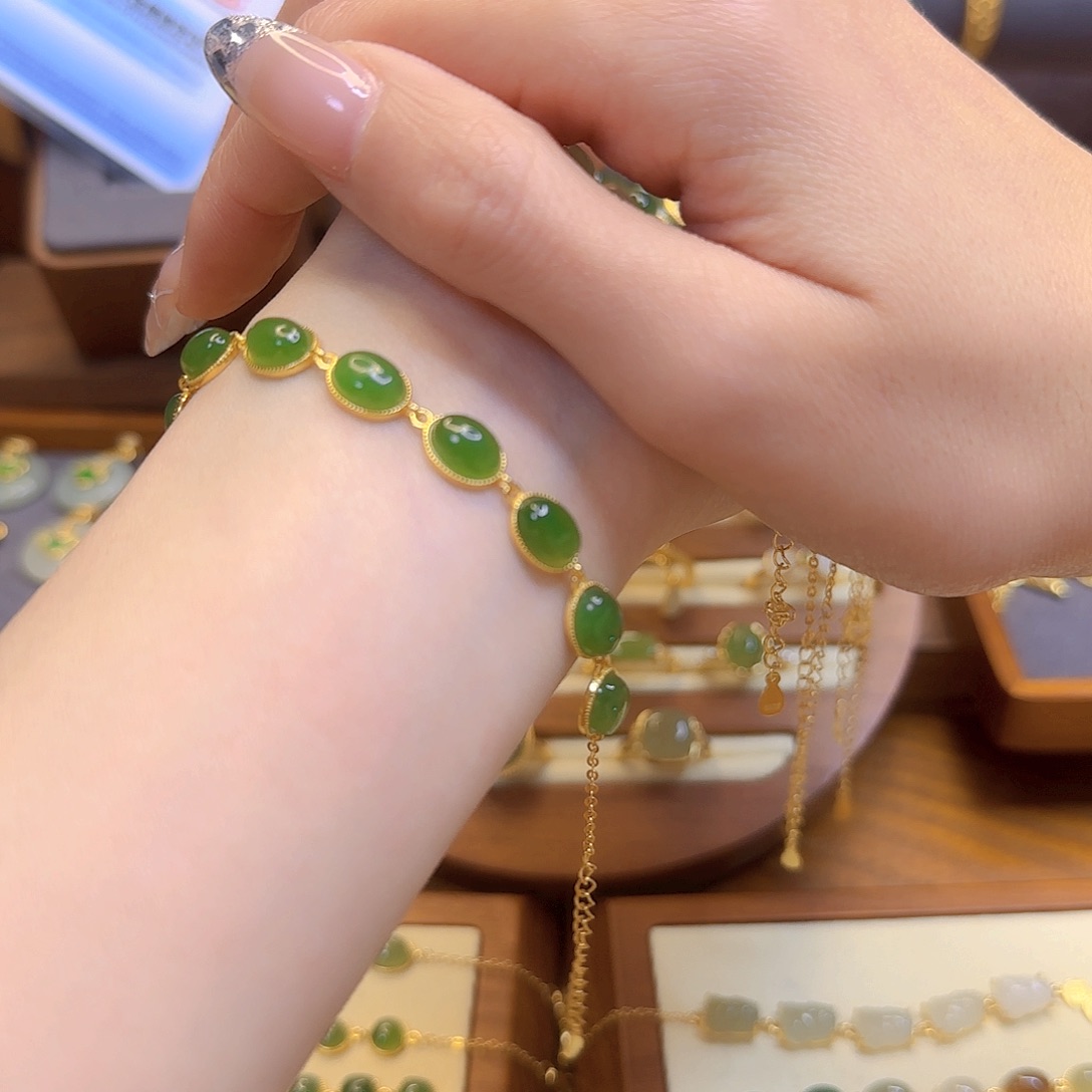 和田玉手链银S925镀金镶嵌