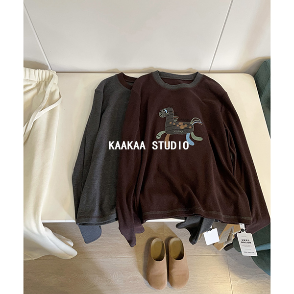 REKAYYAT“小马T”韩版通勤百搭时尚洋气复古撞色刺绣长袖打底衫T恤