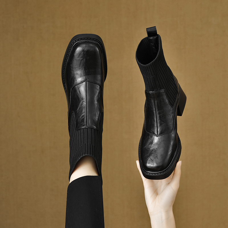 2025秋冬新款百搭鞋子靴子女粗跟方头针织弹力瘦瘦靴短靴351