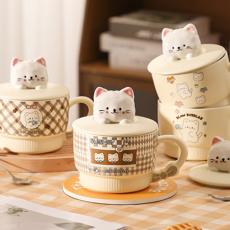 大容量早餐杯子高颜值学生宿舍燕麦片酸奶碗带盖勺家用陶瓷马克杯