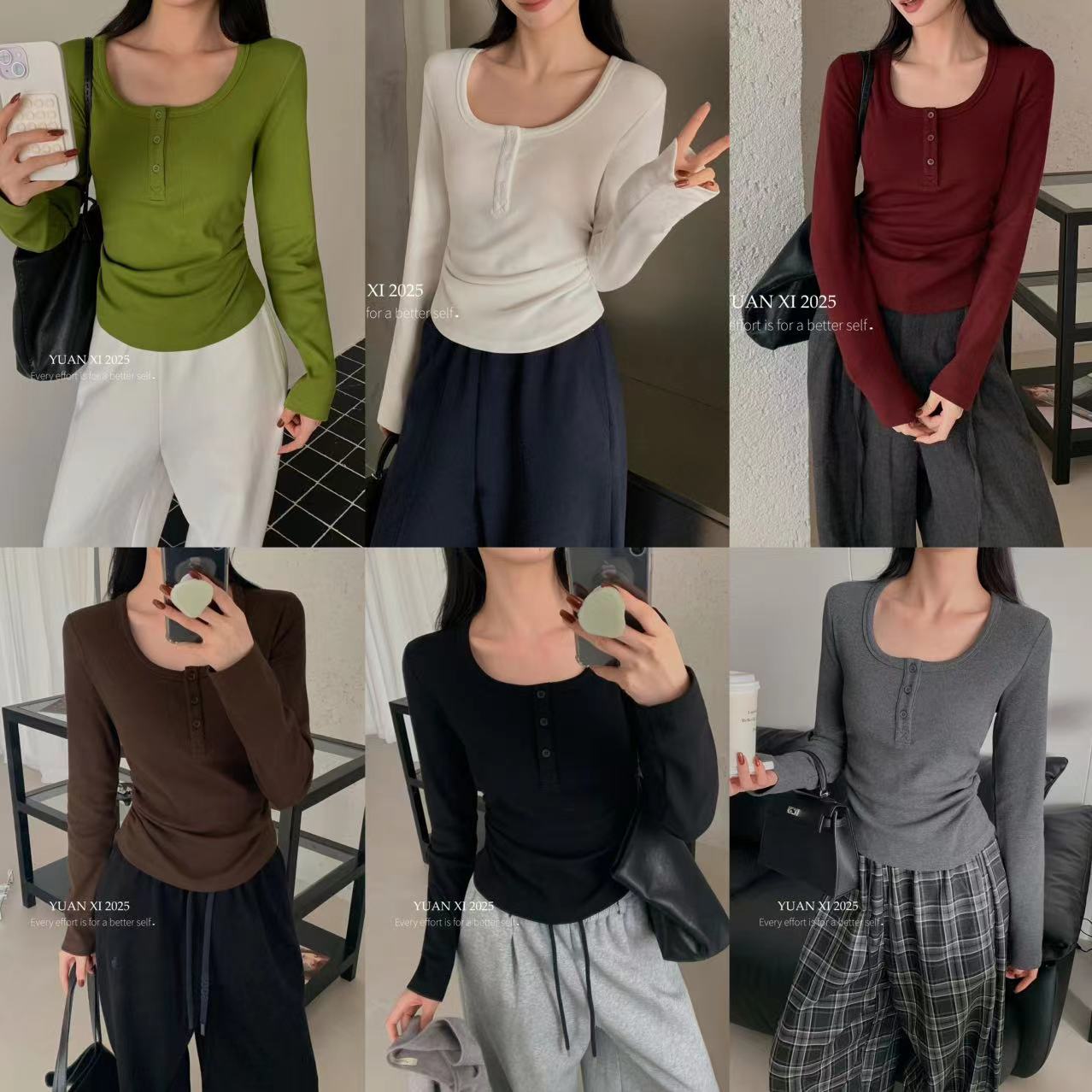 元熙四-8277#加绒方领纽扣显瘦打底上衣