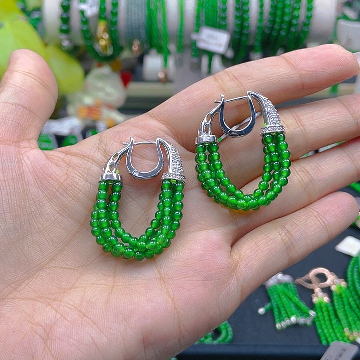 翡翠耳饰银S925镶嵌圆珠3