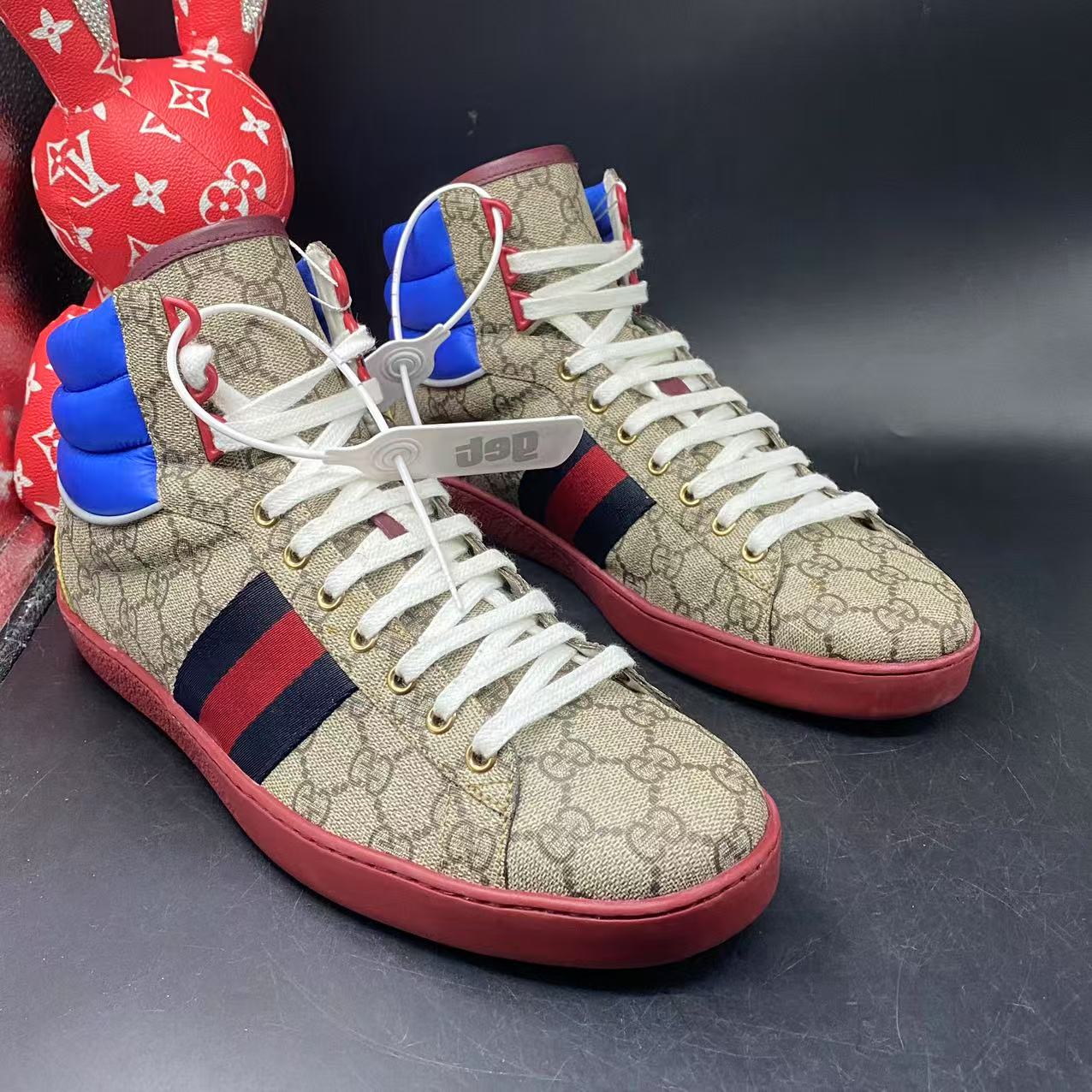 95新 GUCCI/古驰 【聚星优选】男棕老花红底高帮板鞋44欧码kke067