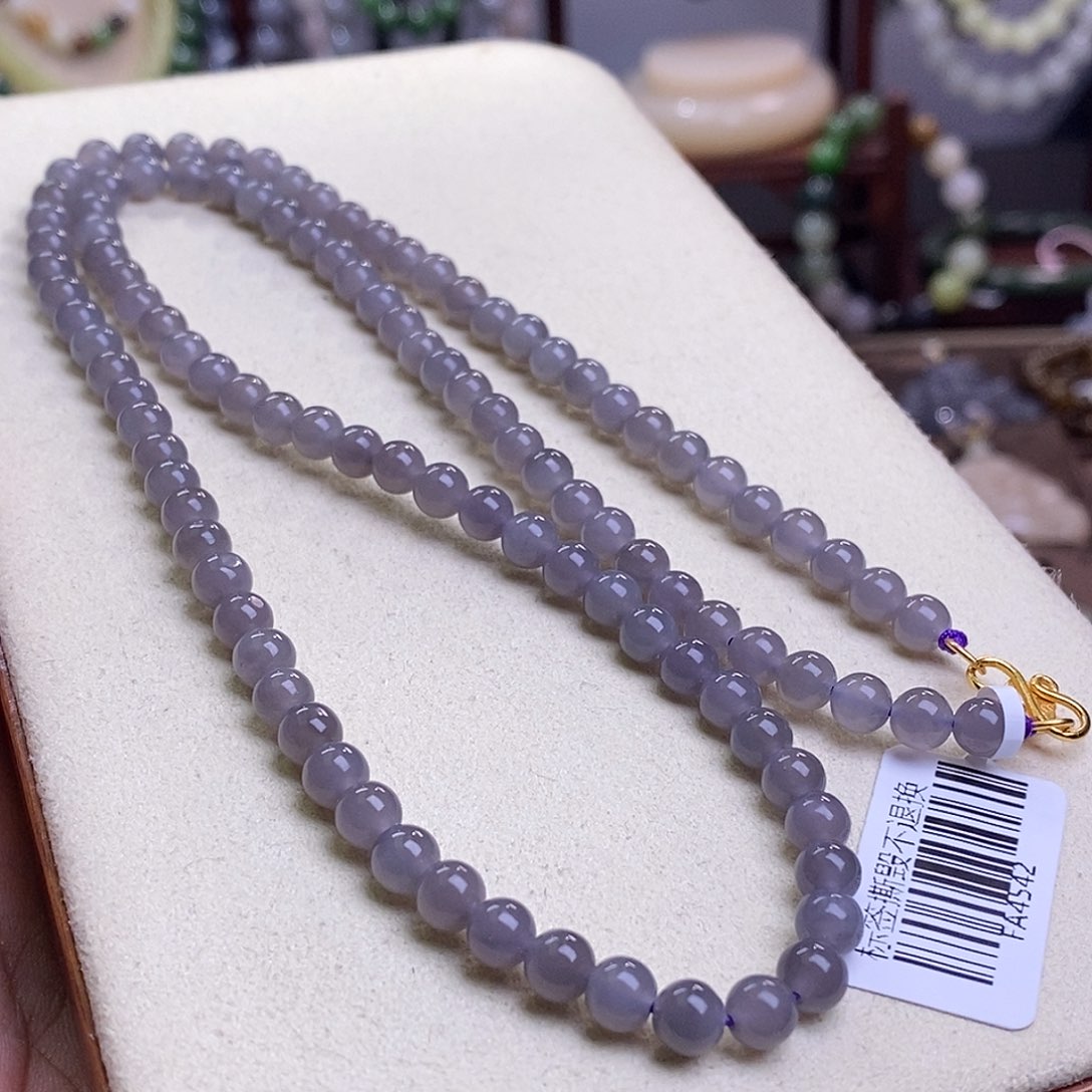 和田玉收藏烟紫高冰浓紫圆珠珠链6m未镶嵌