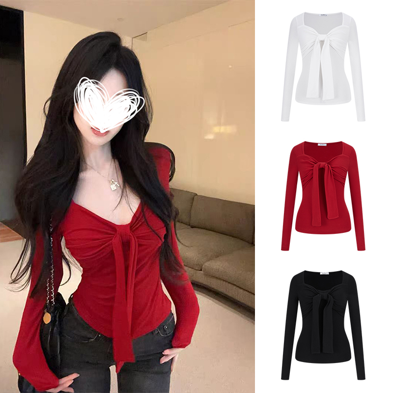 MosesQueen/魔西女王韩系穿搭系带纯欲紧身打底衫韩系甜美上衣