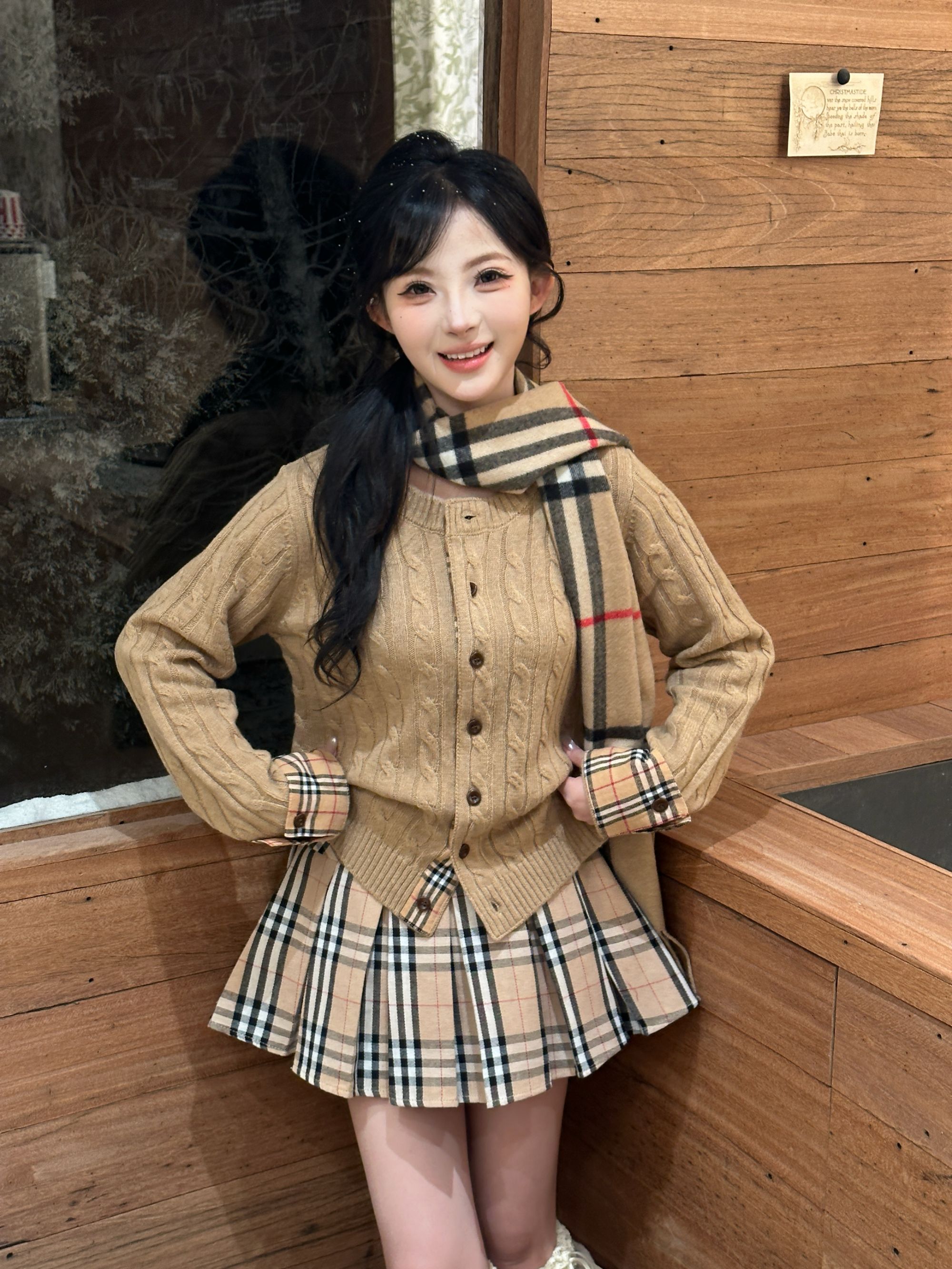 【复古巴恩】经典格纹拼接麻花百搭秋冬韩版学院风秋季套装7139