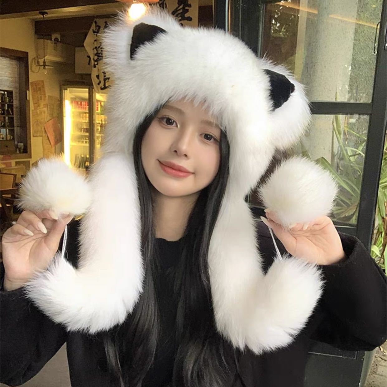 狐狸毛香妃帽草帽卡通秋冬帽子毛绒猫耳保暖帽皮草毛绒保暖防风