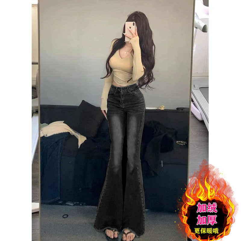 复古毛边破洞微喇叭牛仔裤女秋冬高腰显瘦鱼尾喇叭裤直筒裤拖地裤